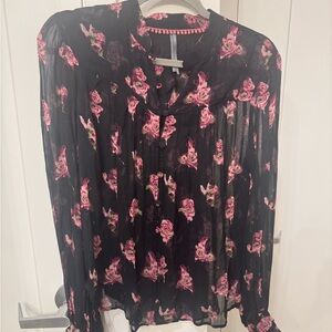 Anthropologie Black Long Sleeve Ruffled Blouse with Mock Neck and Bib Collar